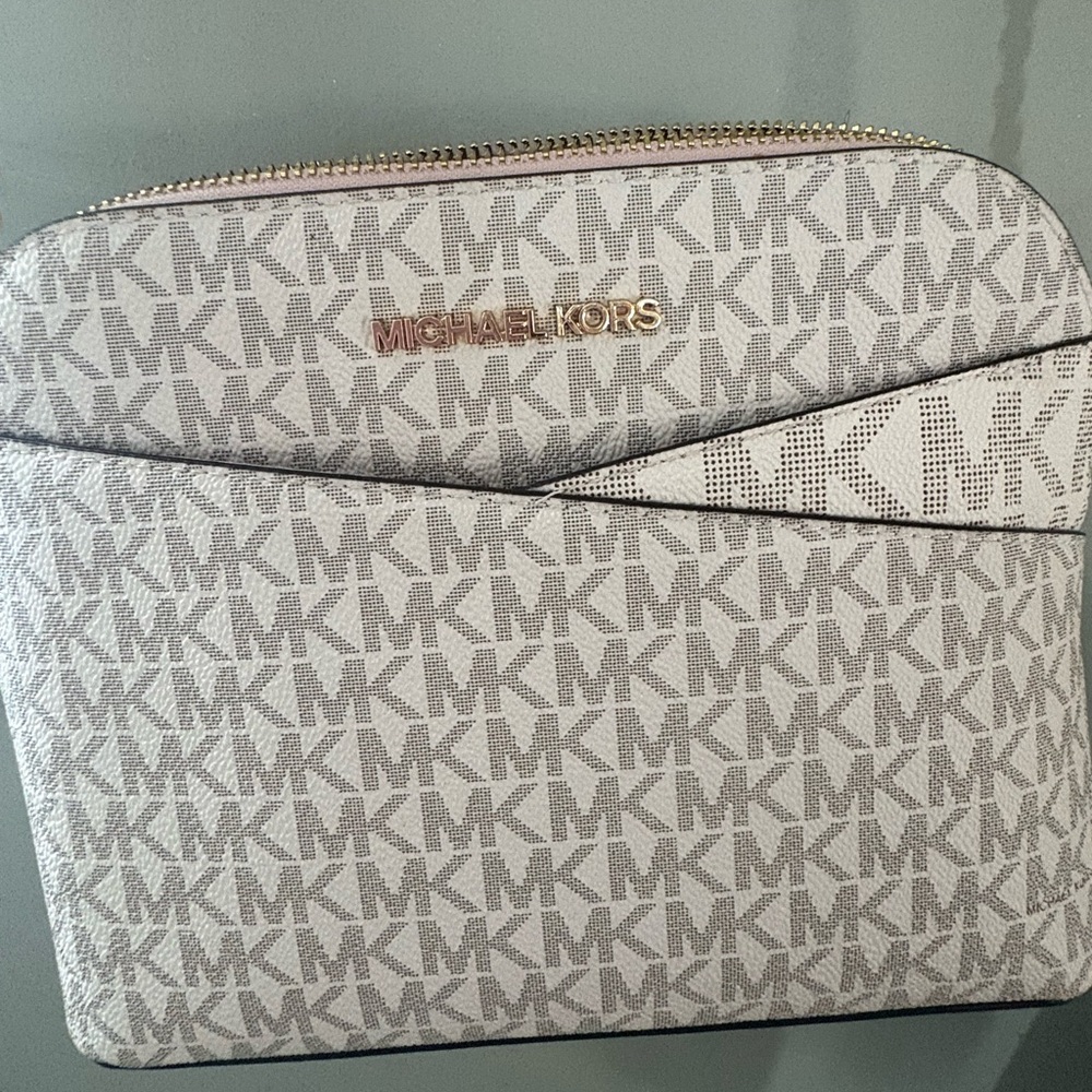 Michael Kors White and Gray Monogram Cosmetic Bag